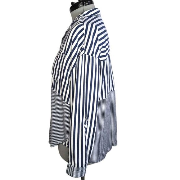 Jane and Delancey navy & white striped rayon button-front shirt, size XL - Picture 2 of 11